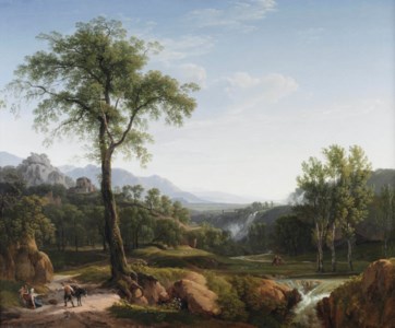 An Italianate landscape with travellers resting in the shade of a tree, a view of Tivoli in the background