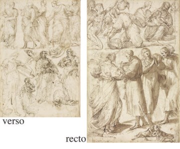 A sheet of studies of standing, seated and reclining figures and the Madonna and Child seated ( recto ), Saint Margaret and other figures ( verso )