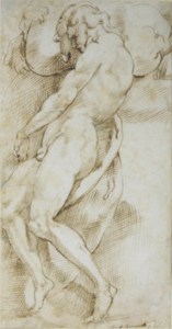 A nude man carrying a boulder