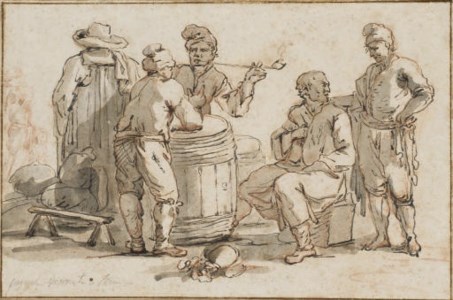 A group of men talking around a barrel, one smoking