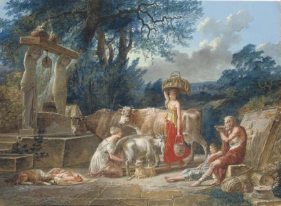 A peasant family and their animals by a well in a classical landscape