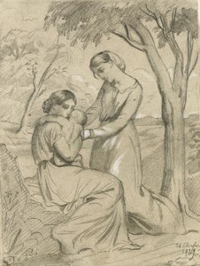 Two women, one sitting and holding a child, the other standing under a tree