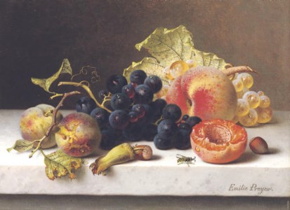 Grapes, peaches and plums on a marble ledge