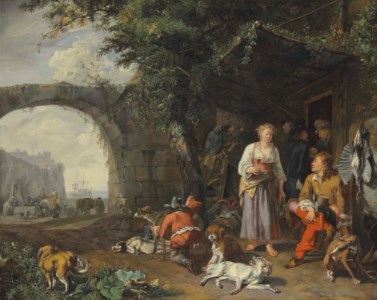 A sportsman offered refreshment outside an inn while his dogs rest after a hunt