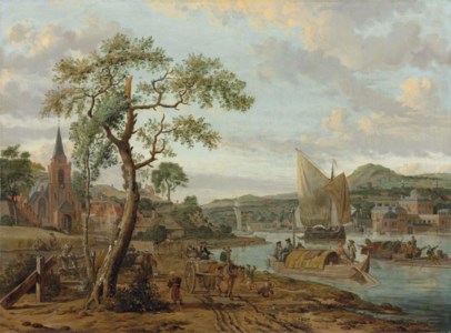 A village river landscape with boats on the water