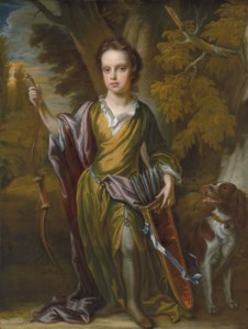 Portrait of David Papillon (1691-1762), full-length, with a bow and arrows and his dog, in a landscape