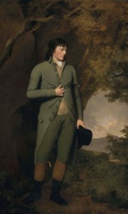 Portrait of Thomas Oldknow (c.1755/6-1791) of Marple, full-length, in a green suit and breeches, in a landscape