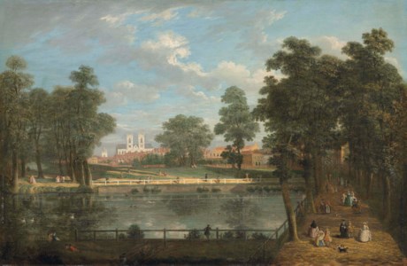 Rosamund's Pond, St. James's Park, London, with Westminster Abbey beyond