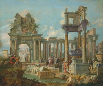 An architectural capriccio of classical ruins with Alexander visiting the Tomb of Achilles