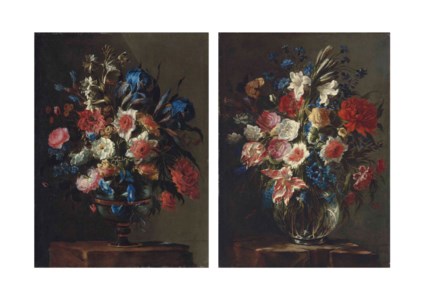 Rose, irises, morning glory and other flowers in a porcelain vase; and Parrot tulips, roses, lilies, lilacs and other flowers in a glass vase