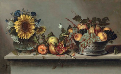 Flowers in a vase and fruit in a bowl on a ledge