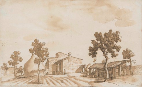 A farm with a haystack and a barn to the left and right, a man standing by a flight of steps
