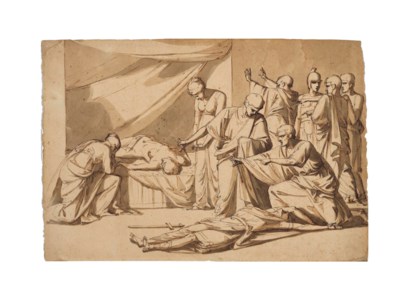 Roman senators and women mourning a dead couple, soldiers arresting the murderers to the right