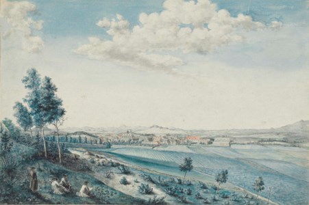 Men smoking and sketching in an extensive landscape with a town in the distance