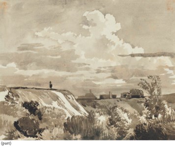 Dunes with houses beyond; A cliff with a village beyond; A cliff with a waterfall; and A cliff with shrubs