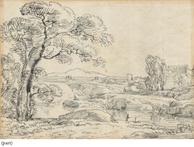 An angler on a river bank, with a castle in the distance