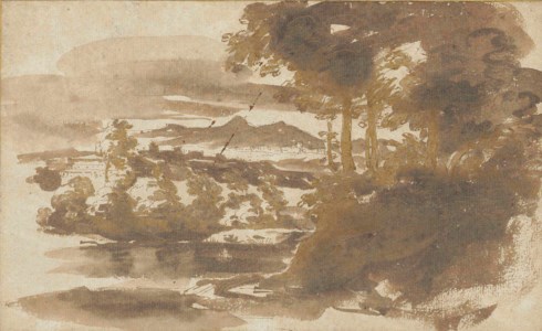 An Italian landscape with trees to the right and towns in the background