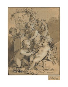 Five putti by a vase on a plinth: An allegory of spring or summer