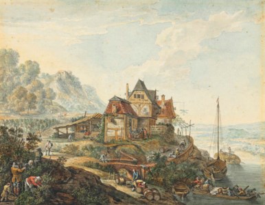 A Rhine landscape with an inn and peasants at work, after Herman Saftleven