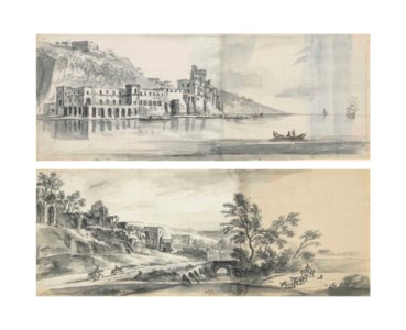 A fortified castle on a coast, near Posillipo (?) ( recto ); A fragmentary drawing of a boat on a sea with mountains beyond ( verso ); and A hilly landscape with a stream and ruins to the left