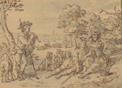 A shepherdess garlanding her swain, a young man playing a pipe
