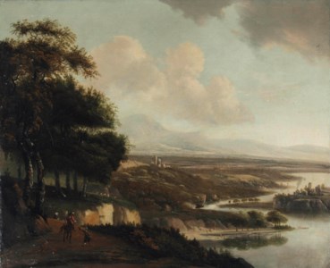 An extensive Italianate river landscape with horsemen on a path