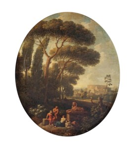 A 'capriccio' view of Rome with the Colisseum and classical figures in the foreground