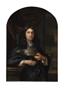 Portrait of a gentleman leaning on a ballustrade, three-quarter-length, in a dark blue coat, before a red curtain, a garden with statues beyond