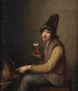 A young man holding a glass of beer, a pipe and a jug on a table