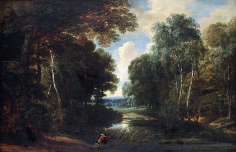 A wooded river landscape with a hunter on a path