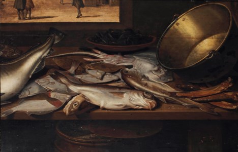 A stingray, soles, herrings and other fish with a bowl of mussels and a copper pot, all on a wooden table