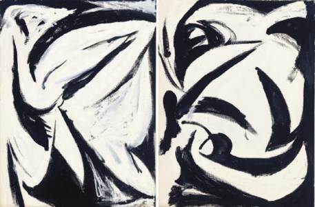 Untitled signed 'Myron Stout' (on the reverse) oil on paper 12 x 9 in. (30.5 x 22.9 cm.) Executed circa 1946. Untitled signed 'Myron Stout' (on the reverse) oil on paper 12 x 9 in. (30.5 x 22.9 cm.) Executed circa 1946. (2)
