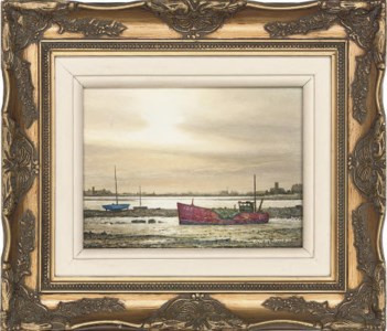 Red boats at low tide; and The blue boat