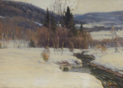 River running through a snowy mountainscape