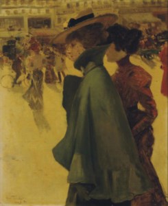 Two ladies strolling through a Parisian square
