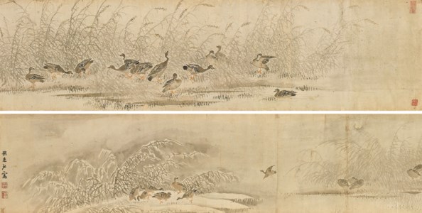 Geese Flying over Reeds