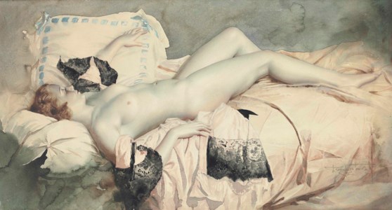 Reclining nude in black lace negligee