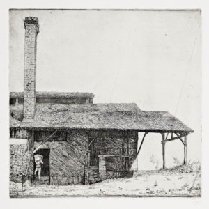 FACTORY WITH TALL CHIMNEY AND WORKMAN WITH SACKS, 1909