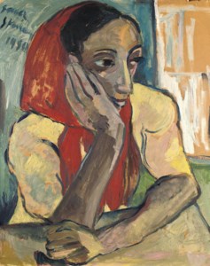 Portrait of a woman, seated, wearing red head-scarf