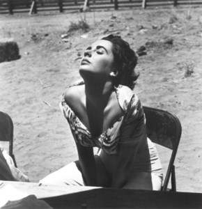 Elizabeth Taylor sunning herself on the set of 'Giant', Marfa, Texas, 1955