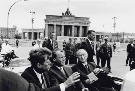John F. Kennedy, Willy Brandt and Konrad Andenauer just leaving the Brandenburg Gate, Berlin, 1963