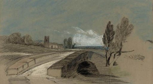 An extensive landscape with a stone bridge before a church