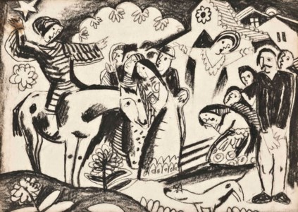 Scène de village avec chevalier