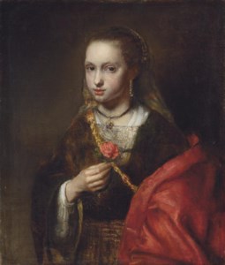 Portrait of a lady, half-length, in a black dress and red shawl, holding a flower