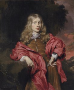 Portrait of gentlemen, three-quarter length, in a brown tunic with a red cloak in a wooded landscape, at sunset