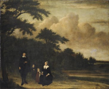 Group portrait of a gentleman and a lady with their children in an extensive wooded landscape