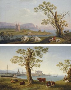 A coastal inlet, with cattle in the foreground and fishing boats and a town beyond; and The harbour of Terracina with cattle in the foreground, a fortified tower in the middle ground and Monte Sant'Angelo with Pisco Montano beyond