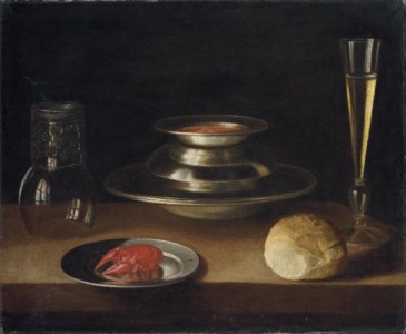 Bread, a carafe of wine, an upturned roemer and a crayfish on a plate with a bowl of soup and glass of wine