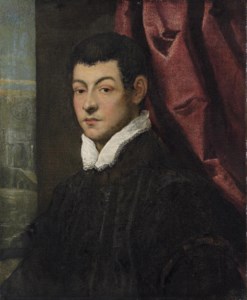 Portrait of a gentleman, bust-length, in a black coat with a white collar, by a red curtain
