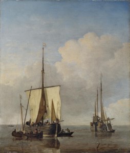 A hoeker and a fishing buss at anchor in a calm